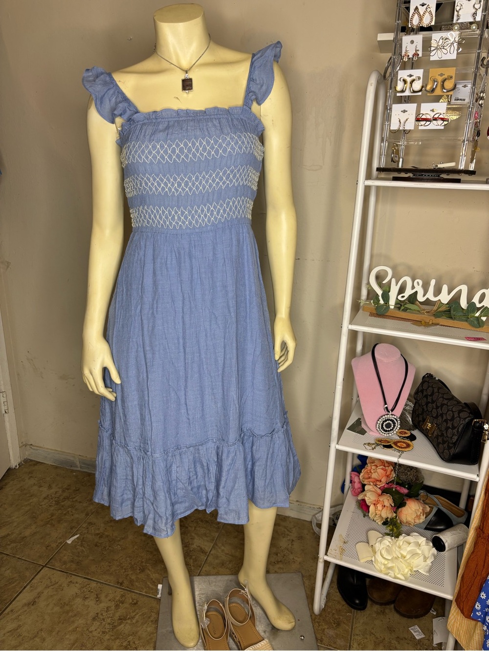 Smocked Ruffle Strap Midi Dress - Light Blue